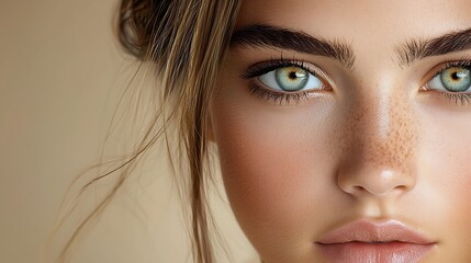 Fototapeta premium Contemporary studio portrait beige background soft diffused lighting fashion model close-up facial features Ultra-Realistic Photo Realistic highly detailed 