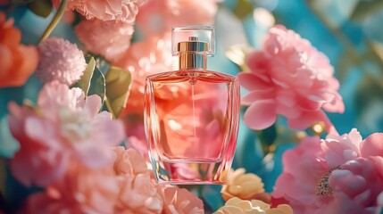Elegant perfume bottle surrounded by colorful flowers creating a vibrant and luxurious ambiance for beauty and fragrance promotions