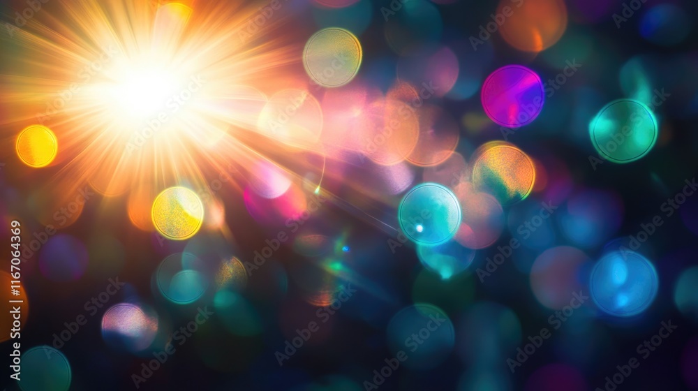 Poster colorful abstract bokeh background with lens flare effects creating vibrant light patterns and a dre