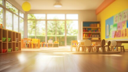 Bright, sunny preschool classroom interior, with wooden furniture and toys.