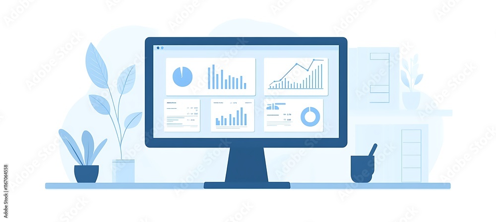 Poster a clean and modern workspace with a large monitor displaying a real-time business dashboard with col