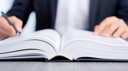 Focused lawyer engaged in legal research, immersed in a law book, professional office environment, representing dedication and expertise in legal consultancy.