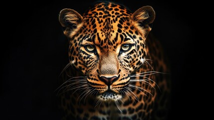Naklejka premium Majestic leopard portrait against dark background showcasing stunning fur patterns and piercing gaze in a wildlife setting