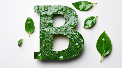 Green leaf letter B with water droplets on white background showcasing nature's beauty and freshness. Perfect for eco-friendly themes.