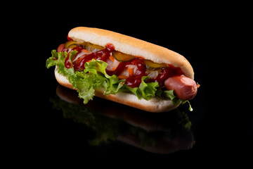Appetizing hot dog on a dark background.