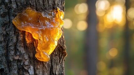 Pitch pine tar. Amber pitch on bark of a tree trunk