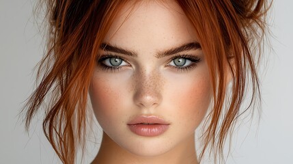 Fototapeta premium Fashion editorial portrait soft diffused lighting clean background natural pose skin texture details close-up Ultra-Realistic Photo Realistic highly detailed 