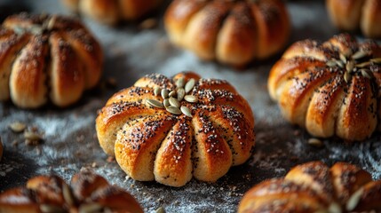 Lenten sweet pastries shaped like pumpkins with seeds and spices on a baking tray selective focus food photography