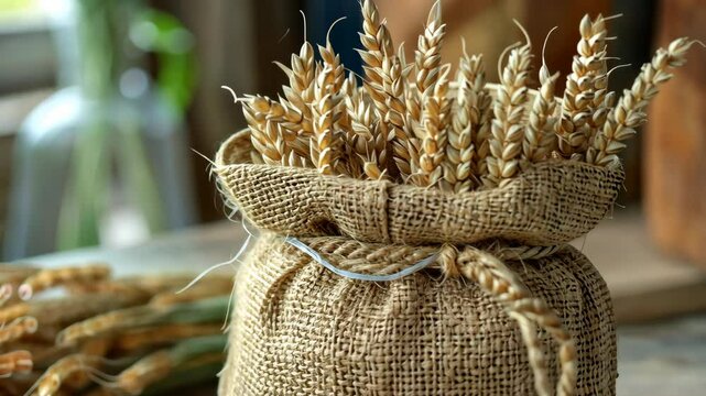 Harvested wheat ears in a sack