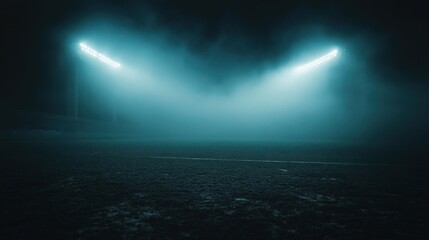 A foggy sports field illuminated by bright stadium lights in the dark.