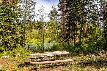 Table and benches for tourists picnic