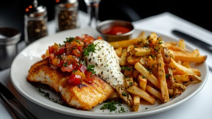 Golden fried fish fillets and seasoned fries served with ketchup, and french fries ,creamy dipping sauce, and coleslaw, presented on a white plate.