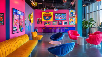 An Exciting and Vibrant Pop Art Coworking Space with Colorful Furniture and Eye-Catching Comic...