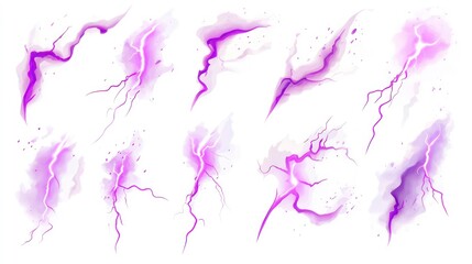 Lightnings, purple thunderbolt strikes at night, Electric impact effects, thunderstorm sparking discharges isolated on white background, vector realistic illustration