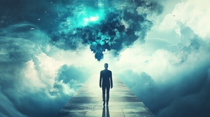Man Walking Towards Teal Cloud Burst - Surreal Journey