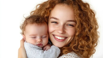 portrait of a happy young mother holding a sleeping newborn baby isolated on of white background, file