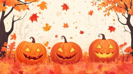 Three jack-o'-lanterns in autumnal forest.