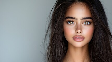 Fototapeta premium Professional headshot natural beauty soft lighting studio portrait clean background facial features close-up fresh minimal aesthetic fashion model Ultra-Realistic Photo Realistic highly detailed 