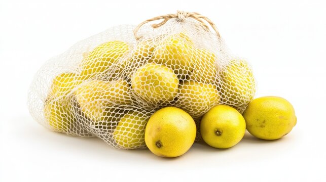 Fresh lemons in a net bag showcasing vibrant yellow color against a clean white background ideal for culinary and health related themes