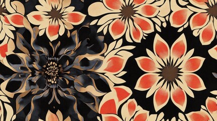 Elegant Floral Textile Design, Cream and Red Flowers on Black, Intricate Pattern