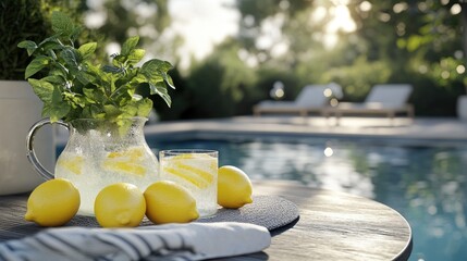 Refreshing lemonade in jug with mint and fresh lemons on wooden table by poolside in sunny outdoor setting
