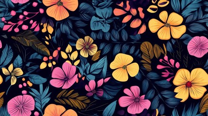 Dark Floral Seamless Pattern: Vibrant Pink, Yellow, and Orange Flowers on Black Background