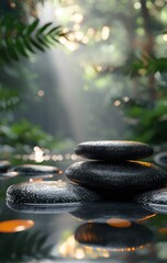 Black Zen Stones in Water with Forest Background