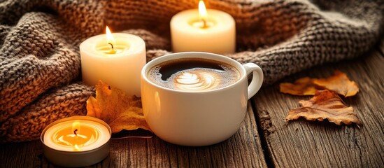 Cozy autumn still life with a steaming cup of coffee candles and a warm sweater on rustic wooden table ideal for peaceful morning moments