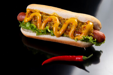 Appetizing hot dog on a dark background.