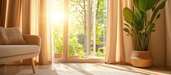 Cozy living space with light brown curtains framing a sunny outdoor view and vibrant greenery creating a serene atmosphere