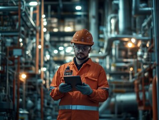 Engineer in safety gear holding tablet inside oil refinery factory, looking at the camera