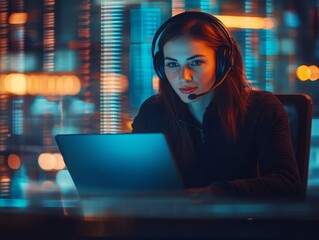 Technical support operator using headset while working on laptop in a modern office environment
