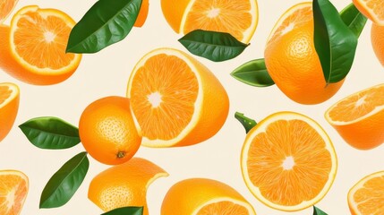 Floating Orange Slices with Leaves - Fresh Citrus Pattern