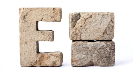 Lowercase letter e crafted from textured stone blocks isolated on white background ideal for educational and design purposes