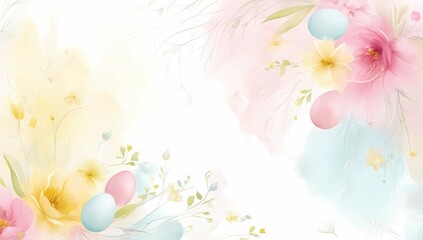 Pastel watercolor abstract design with touches of blooming flowers and Easter eggs, blending soft pinks, yellows, and blues
