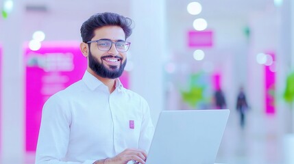Smiling Indian businessman with a beard using a laptop in a contemporary office lobby, while a young Indian student engages in remote learning during a virtual training session.
