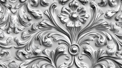 Silver Baroque Floral Ornament, Elegant Swirls, Luxury Design, Detail