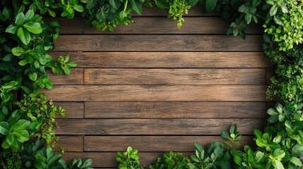 Top view of rustic wooden surface surrounded by lush green plants creating a natural frame for creative and organic designs