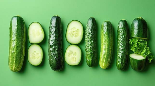 Cucumbers arranged in the shape of letters and numbers on a vibrant green background showcasing fresh produce creativity and nutrition. - Powered by Adobe