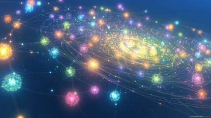 Fototapeta premium Neon network graph circular nodes on a blurred blue background