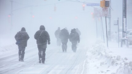 Numerous individuals navigate a snow-covered street amidst strong winds and heavy snowfall in a bustling city during winter