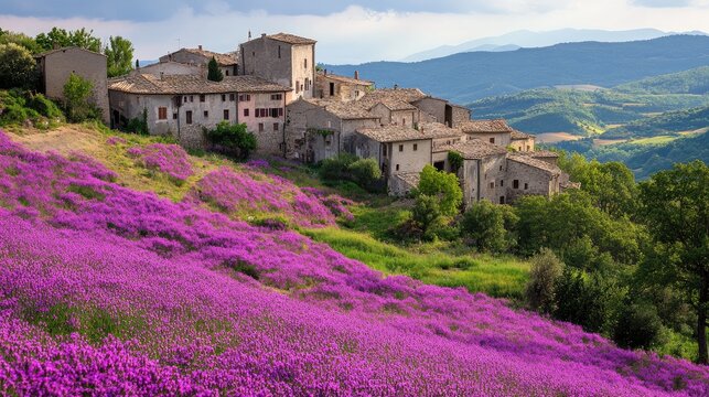 Medieval village of Navelli surrounded by vibrant purple flowering fields on a serene hillside with stunning landscape views.