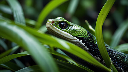 Obraz premium Green snake hiding in the tree 