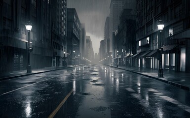 Naklejka premium A shadowy urban scene with rain-drenched streets glowing under streetlights in a dramatic style. 