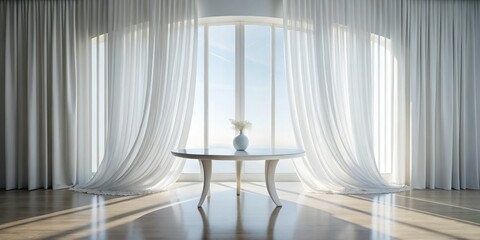 Elegant Interior Design: Curved White Table & Sheer Curtains Stock Photo