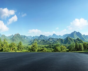 Fototapeta premium Beautiful asphalt road, green forest, and blue sky in the background. Realistic photo of an empty asphalt ground with a beautiful natural landscape. Shiny black asphalt floor in the foreground.