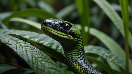 Fototapeta premium Green snake hiding in the tree 