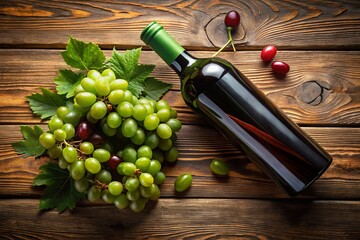 Obraz premium Elegant Wine Bottle and Grapes on Wooden Table - Copy Space for Text