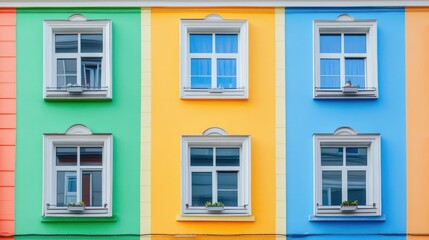Fototapeta premium Pretty facade of the building with colorful rainbow windows. Front view of the house with colored windows. Creative architectural wallpaper. photo imitation.