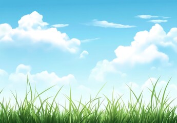 Obraz premium Beautiful blue sky with white clouds over a green grass field background. professional, high-resolution image that is beautiful, clean, simple, stunning, relaxing, calming, and peaceful. 